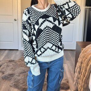 Vintage Koman Geometric Grandpa Sweater 90s Knit Y2K Retro Black White Large
